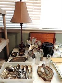 VINTAGE FAN, SILVERPLATE FLATWARE, SILVERPLATE ITEMS AND SMALL MILK BOTTLES