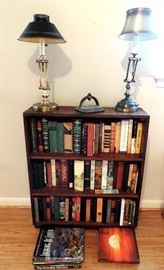 BOOKCASE AND BOOKS AND LAMPS
