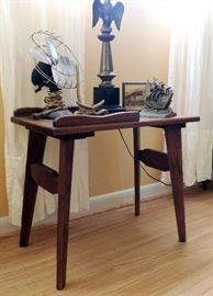 ANTIQUE TABLE, VINTAGE FAN AND PHOTOS
