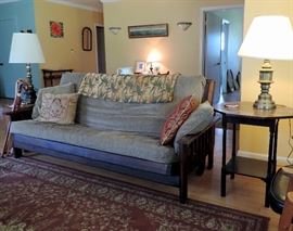 WOODEN FUTON, SIDE TABLE AND LAMPS