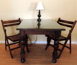 PUB TABLE AND PAIR OF WOODEN CHAIRS