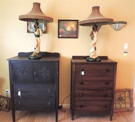 ANTIQUE WOODEN CHESTS AND PAIR OF PLASTART VINTAGE FIGURAL CHALKWARE LAMPS