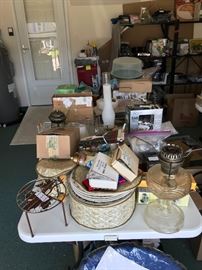 Various household items (folding table not for sale). Full set of Christmas holly dishes.