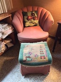 Antique Upholstered Chair and Foot Stool. 