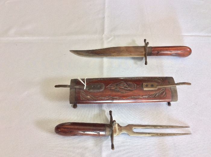 Knife and Fork Carving Set in Decorative Wood Case from India. 