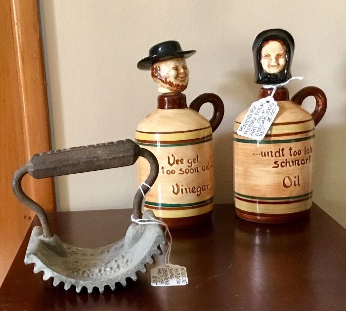 Pennsylvania Dutch Oil & Vinegar Ceramic Jugs and Geneva Rocking Antique Cast Iron Pleating Hand Flutter