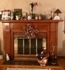 Fireplace set, wall decor,  Silk Plants, Orchids, clocks, figurines