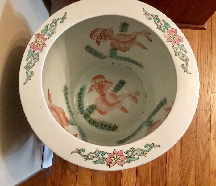 Vintage Japanese Ceramic Water Bowl and Wooden Stand Koi fish 