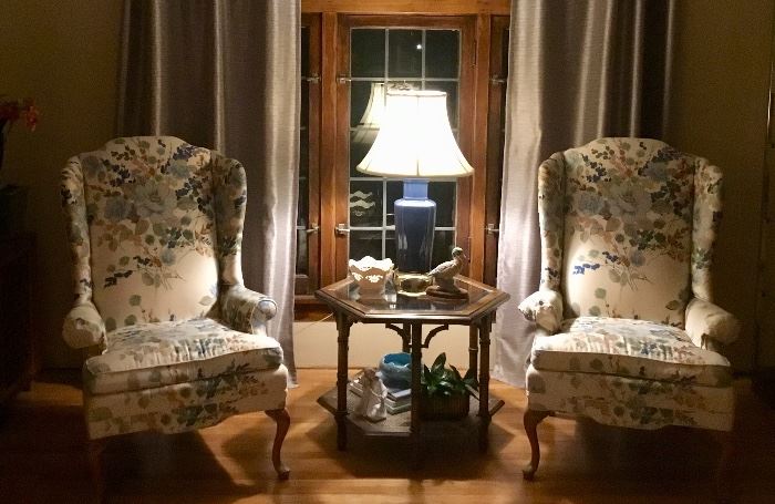 Pristine Queen Anne Cream & Blue Floral Chairs with hardwood feet