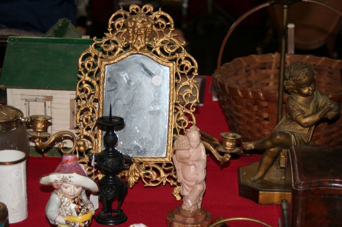 Bacchian brass framed dresser mirror w/candlebra, Japanese bronze miniature pricket candle stick, Japanese hardstone carved figure, etc.
