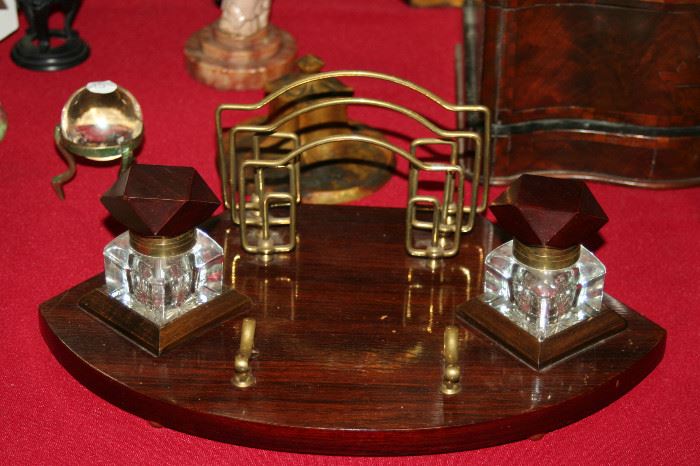 rosewood and brass double inkwell stand