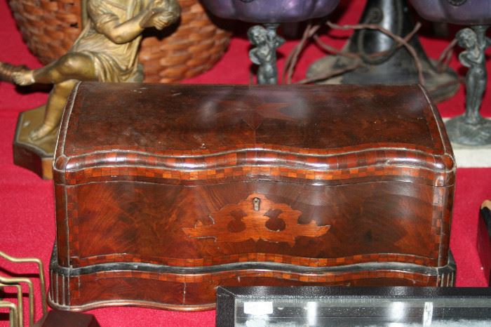 serpentine front marquetry wooden dresser box c.1860