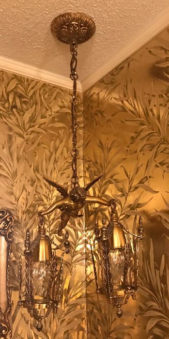 Goldtone Chandelier with Angel holding two lanterns