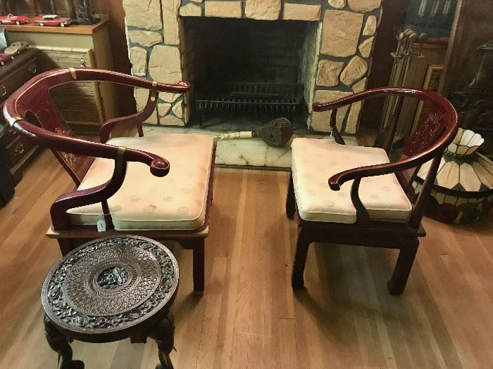 Asian Arm Chairs and Carved Side Table