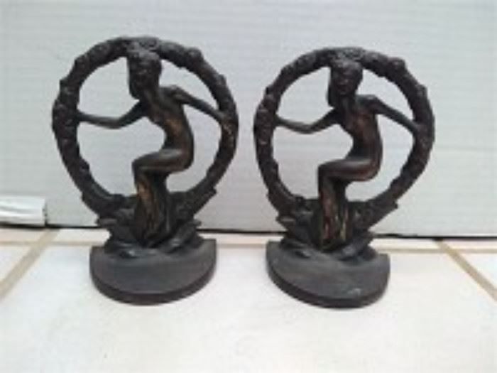 "Nude in Wreath" Cast Iron Bookends