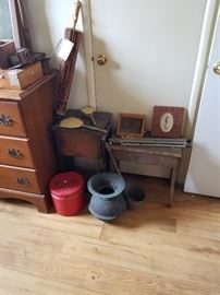 Railroad spittoon, Elks hat in hat box, stool and small table