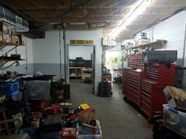 Machine shop overview, 300 lbs Dayton Electric Chain Hoist on Monorail system.