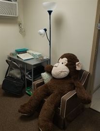 Desk with chair, side chair, huge stuffed monkey