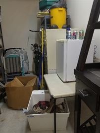 Mini fridge, wash tub, camping itens, shelving