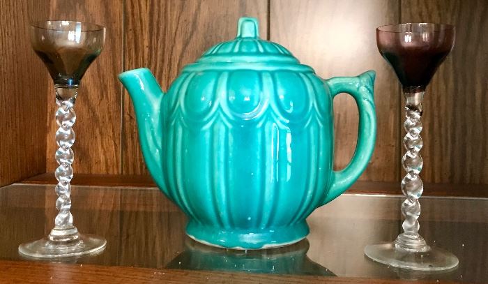 Czech Stemmed Cordials, Green Pottery Tea Pot