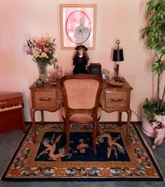 Dragon motif Area Rug, Vintage Vanirt, Vintage Velveteen Chair, Cherub Desk Lamo