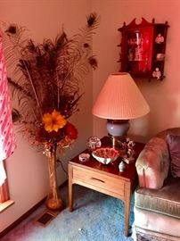 Floor Vase with peacock Feathers, Lane End Table, Small Wall Mounted Curio, Hand Painted Japanese Dishes