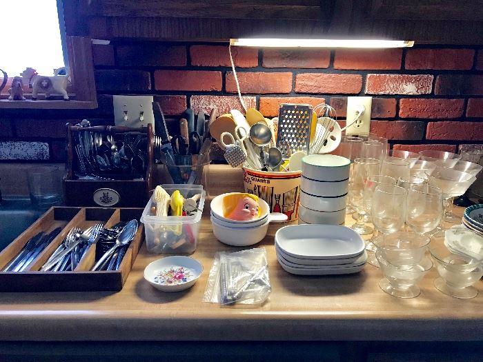 Vintage Kitchenware, Multiple Flatware Pieces, Stemmed Glasses