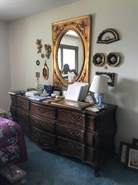Vintage Dresser, Large Gilted Mirror, Framed Fans