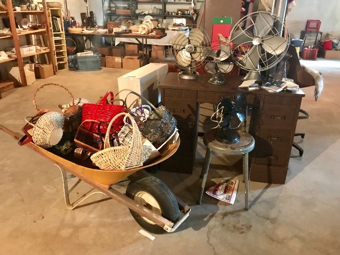 Baskets, Wheelbarrow, Vintage Kneehole Desk, Emerson Electric Fans & others