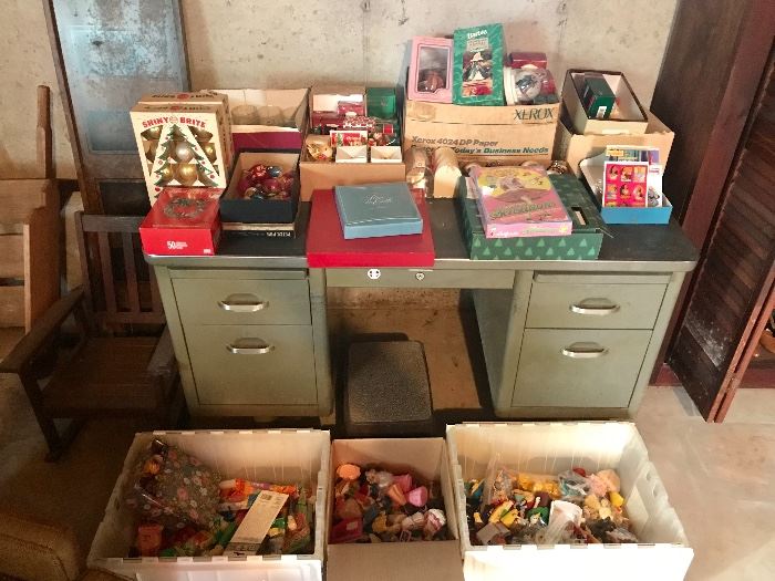 Green metal Desk, Hallmark Ornaments, McDonalds Toys, Vintage Ornaments, Barbie Ornaments