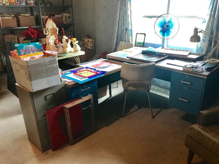 Blue Metal L Desk, Filing Cabinet, Posters