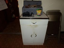 Nice Metal Cabinet (would be GREAT for a Garage Cabinet) + Tool Box full of tools + Four folding chairs