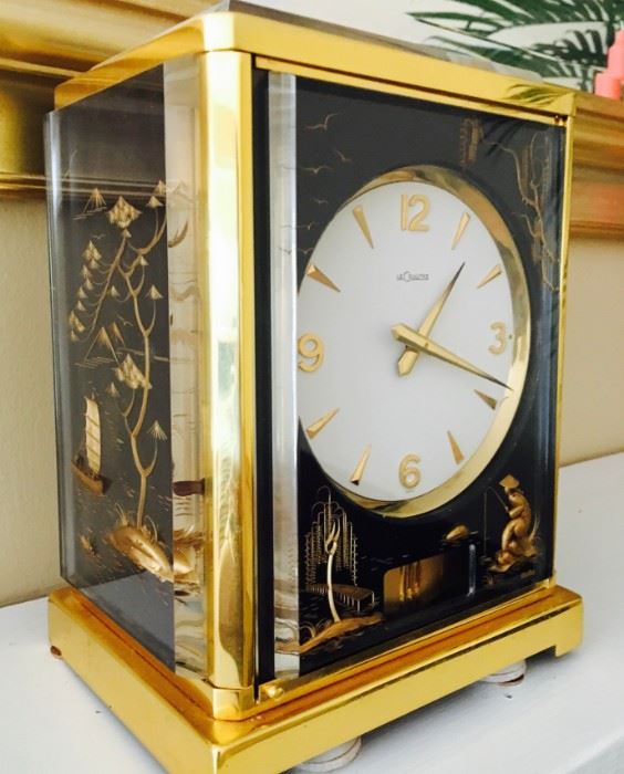 Fine and Rare, Jaeger-LeCoultre Vintage Atmos V Black Chinoise Turning Pendulum Clock, showing a Chinese landscape in a three-dimensional motive by artist Marina.  Simply Stunning! Has original box and brochure.  Collectors come running!
