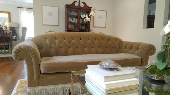 Custom, tufted mohair sofa with mohair frill.