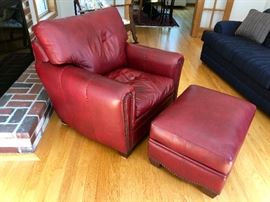 Such a pretty color! Leather arm chair and ottoman with Nail Head Trim by Classic Leather