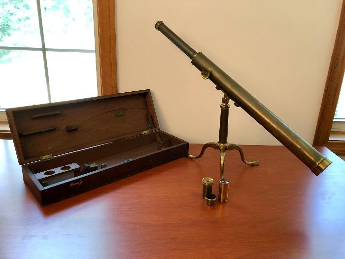Rare Brass Table Top Telescope, English, 1830-40,  Davis Derby T1AN7: Measurements Standing 20.5" H, Canister 46" L Closed: 3.5" diameter. Original Box. Purchased at Stuart Talbot - Fine Microscopes and Scientific Instruments in London.