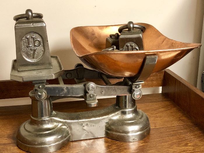 Antique GPO English Cast Iron Scale with Copper Tray in pristine condition