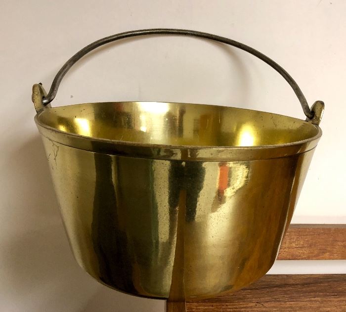 Antique English Brass Pail with Iron Rat Tail Bail