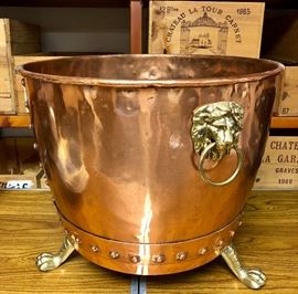 Antique English Copper Planter with brass lion accent face and feet
