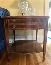 Another side table with drawer - great size, with lower shelf. Features marquetry accents and brass pulls.