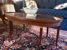 Marquetry inlaid, protective glass top, one drawer - dainty coffee table.