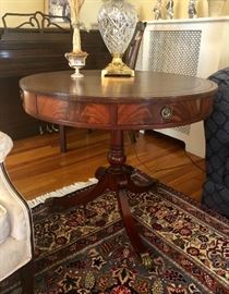 Mahogany Drum /Library Table with Three Drawers and Brown Leather Top Painted with Gold Gilt