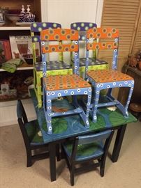 Hand painted children's chairs + table with two chairs.