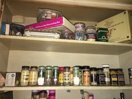 tons of spices, cake decorating items