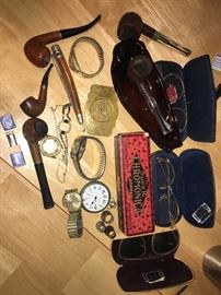 vintage pipes, harmonicas, glasses.....