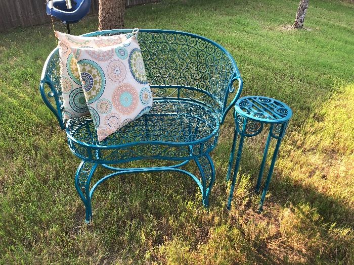 Cool blue wrought iron bench and matching plant stand