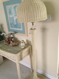 Wicker entry/sofa table; seagull decor; wicker floor lamp