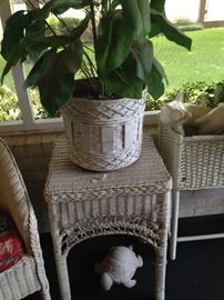 Antique white wicker side table