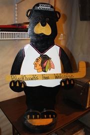 Bear Holding Blackhawks Fans Welcome hockey stick