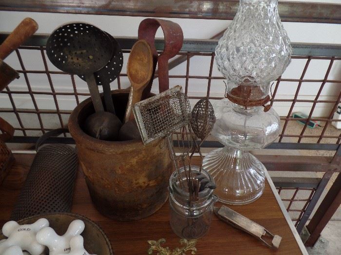 Vintage crock, vintage kitchen utensils & glass lantern  